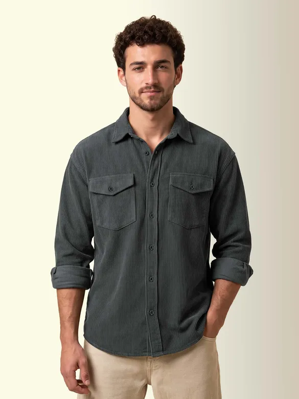 Grey Dual Pocket Textured Corduroy Shirt